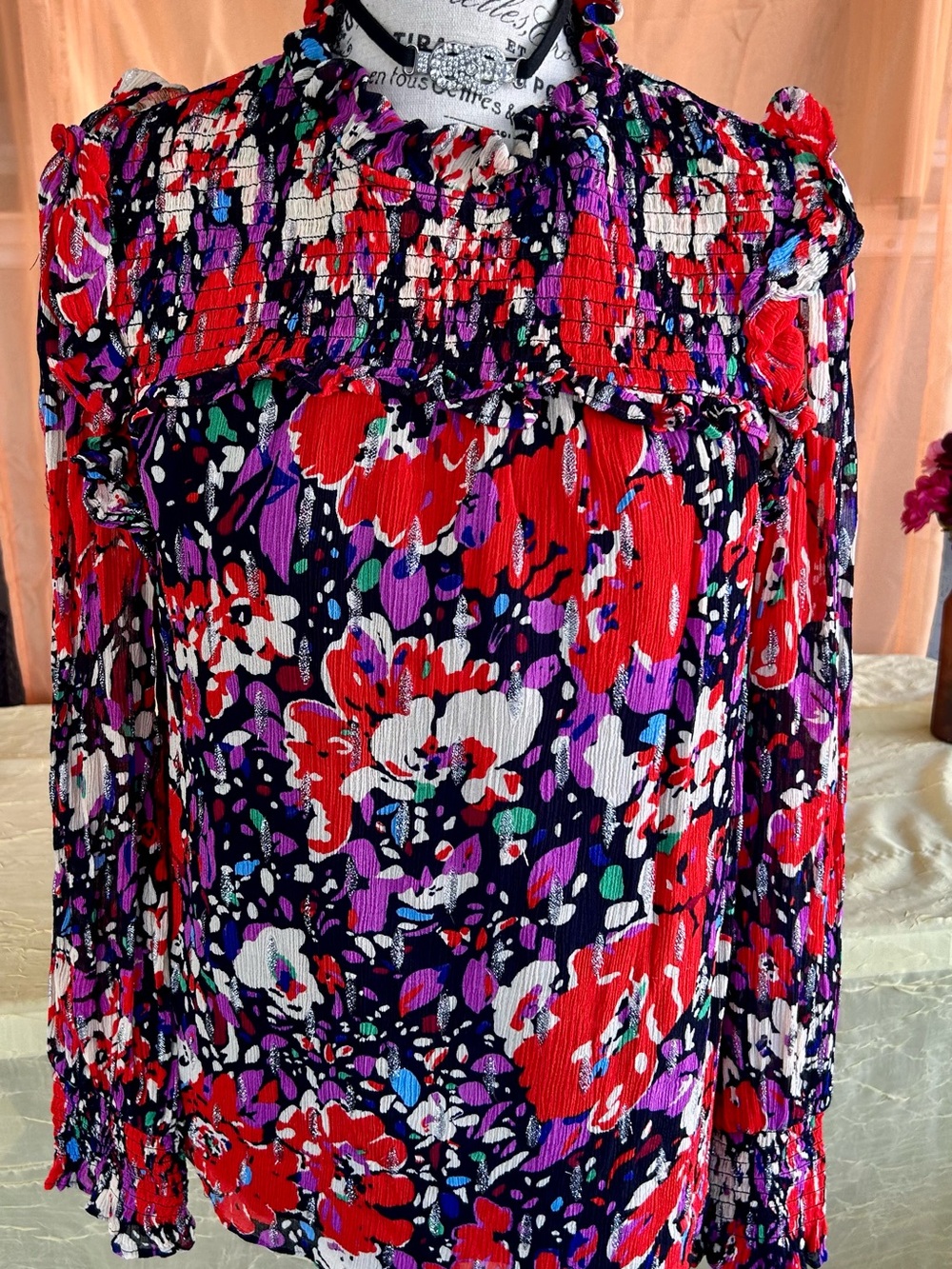 Artsy J. Crew Floral Smocked Blouse - Red, Purple, Black & White